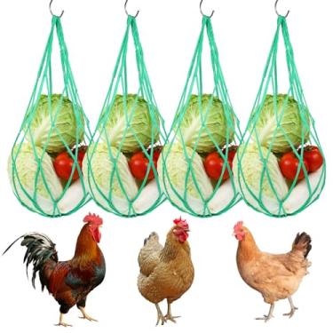 Imagem de Pacote com 4 comedouros para pendurar frango, legumes, frutas, saco reutilizável, suporte de frutas e aves, dispensador de alimentos com gancho para galinhas, patos, gansos, ferramenta de alimentação