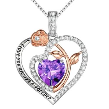 Imagem de Awinesn Colares de coração rosa para mulheres, pingente de pedra do mês de nascimento para mulheres, joias de aniversário, presentes de Natal para sua mãe, esposa, namorada, non, Cobre, Sem Pedra