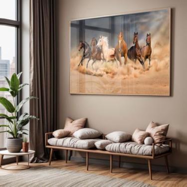 Imagem de Quadro com Moldura e Acrilico Cristal Vidro Sala Quarto Cavalos Correndo Deserto Decorativo Horizontal Grande Hall