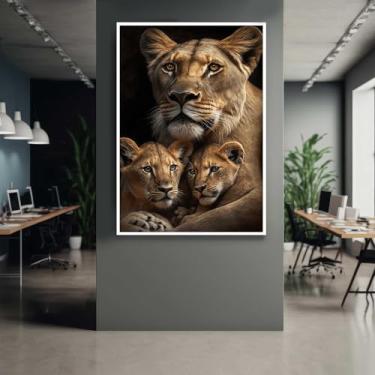 Imagem de Quadro com Moldura Leoa 2 Filhotes Decorativo Grande Sala Quarto Hall