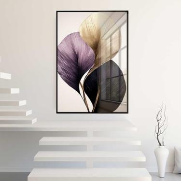 Imagem de Quadro Decorativo com Moldura e Acrilico Cristal Vidro Planta Floral Moderna Roxo bege Sala Quarto Hall