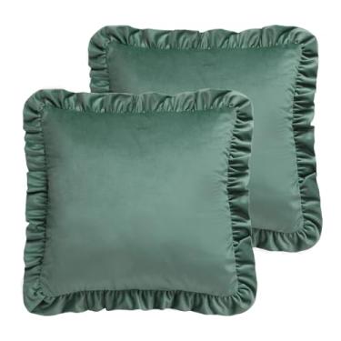 Imagem de ISAENNE Conjunto de 2 capas de almofada quadradas cinza azul clássico 45,72 cm x 45,72 cm, cor sólida, decoração de veludo, capa de almofada com babados, para sofá, cama, sala de estar, carro