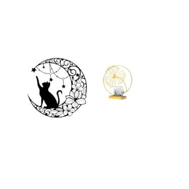 Imagem de Fenteer Escultura de Parede Mística de com Lua E Folha, Estatueta de Ferro, Ornamento Decorativo para Amantes de Gatos, Estante, Escritório, Quarto