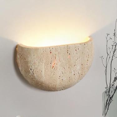 Imagem de WOSBO Arandela de parede travertino amarelo, luminária Wabi Sabi de 20 cm com meia lua abajur de pedra natural estilo japonês, arandela de mármore perfeita para cozinha, ilha, quarto, sala de estar