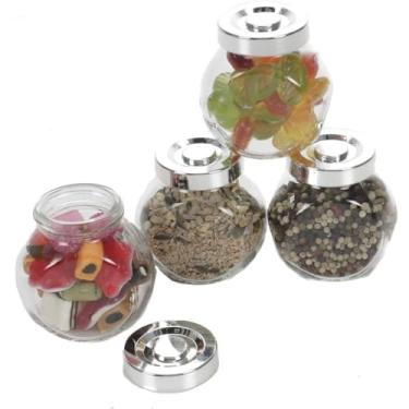 Imagem de Porta Temperos Condimentos de Vidro 4 Unidades com Tampa Cromada - Potes de Vidro com Tampa metalizada 200ML - PANAMI