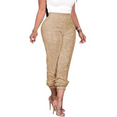 Imagem de Calças femininas itnpbwus Glitter Sequin plus size XXL douradas