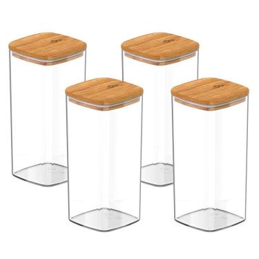 Imagem de Kit Com 04 Potes Herméticos Tempero 340Ml Com Tampa De Bambu