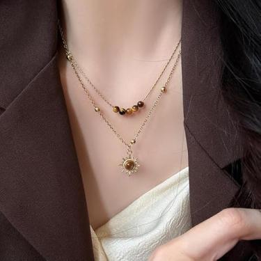 Imagem de Colar feminino com pingente de sol banhado a ouro moderno, colar com contas de olho de tigre de camada dupla, acessórios de pescoço, minimalista, joia boho, presente para ela