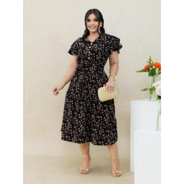 Imagem de Vestido Feminino Midi Soltinho Estampado Rodado Cintura Marcada Elegan
