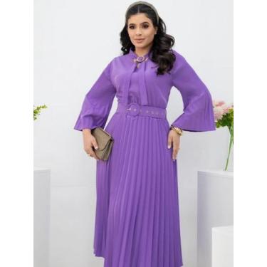 Imagem de Vestido Midi Plissado Manga Flare Gola com Amarração Evangélico Social