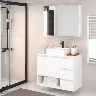 Imagem de Conjunto de Gabinete Suspenso com Cuba Vitória e Armário de Banheiro Aurora 4 Portas 3 Gavetas Branco