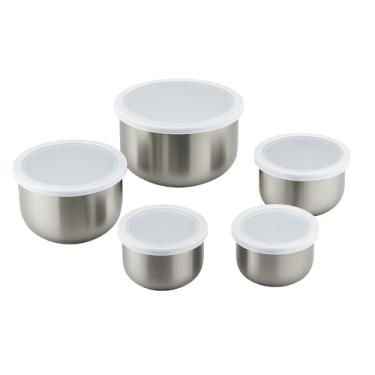 Imagem de Jogo de Tigelas Aço Inox com Tampa 5 Peças – Conjunto Empilhável, Alta Durabilidade e Design Moderno