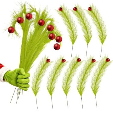 Imagem de Artmag 8 peças de topo de árvore de Natal, 43 cm, vermelho, verde, artificial, hastes verdes, enfeites de palitos de árvore com bola vermelha para decoração de guirlanda de lareira de Natal