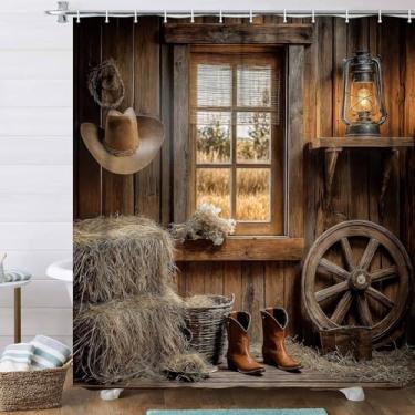 Imagem de Ptrxobj Cortina de chuveiro caubói ocidental com lâmpada de óleo de porta de celeiro de fazenda chapéu de roda de madeira botas janela marrom decoração de banheiro Southwest Country Ranch cortina de