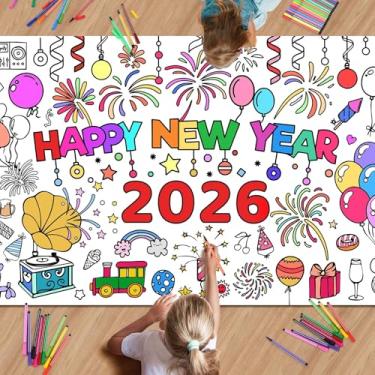 Imagem de Pôster de pintura de véspera de ano novo de 2025 para crianças, toalha de mesa de papel 182 x 76 cm, decoração para colorir, feliz ano novo, toalha de mesa de papel faça você mesmo para jogos de