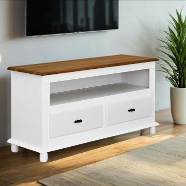 Imagem de Rack Para Tv 45 Polegadas 2 Gavetas Nicho Pés Torneados - Branco Laca Com Tampo Imbuia Glazer