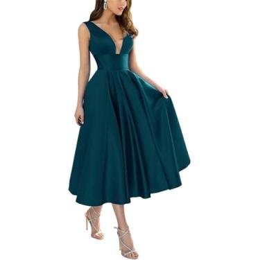 Imagem de Vestidos Formais De Cetim De Comprimento De Chá Para Mulheres Decote Em V Profundo A Line Prom Bridesmaid Dress, Teal, 10