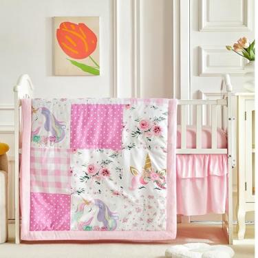 Imagem de Jogo de cama de berço de patchwork, estampa floral, xadrez, unicórnio, 3 peças, lençol com elástico e saia para cama, lençol com elástico e saia para cama - conjunto de cama de berço com estampa de