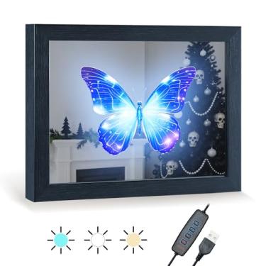 Imagem de VIYYIEA Arte de parede espelhada de borboleta azul com luz LED, espelho decorativo com alimentação USB, brilho regulável e 3 modos de luz, decoração de parede iluminada moderna de Halloween para sala