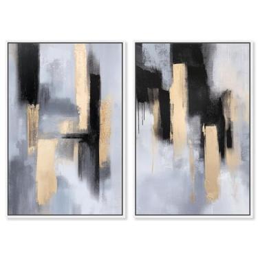 Imagem de Conjunto de 2 painéis abstratos de luxo dourado em tela azul da Art Remedy, moldura branca, 50 x 76 cm