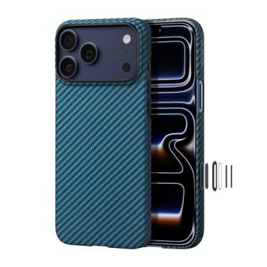 Imagem de pitaka Capa para iPhone 17 Pro de 6,3 polegadas com botão de controle de câmera, compatível com MagSafe, capa ultrafina com sensação de toque sem capa, tecido de fibra de aramida 1500D, preto/azul