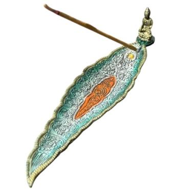 Imagem de Incensário Folha Bodhi Com Buda Em Metal Para Incenso Vareta Decoração Indiana Verde Laranja 21 Cm