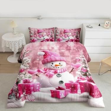 Imagem de Manfei Conjunto de edredom infantil adorável de boneco de neve, decoração de quarto de meninos e meninas, feliz ano novo, edredom de pinheiro, rosa e branco, 1 fronha