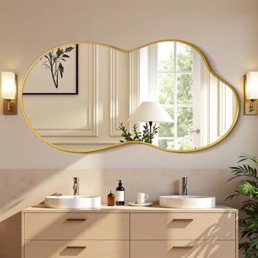 Imagem de Suidia Espelho de parede irregular, espelho de banheiro de 101,6 x 66 cm, espelhos assimétricos, espelhos artísticos decorativos para sala de estar, quarto, banheiro, corredor, entrada, dourado