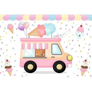 Imagem de 2,4 x 1,8 m pano de fundo rosa para loja de caminhão de sorvete de carro balão de sorvete fotografia chá de bebê verão meninas festa de aniversário bolo decoração de mesa banner foto estúdio estande