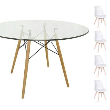 Imagem de Conjunto Mesa Eames Redonda Vidro 90cm + 4 Cadeiras - Branca