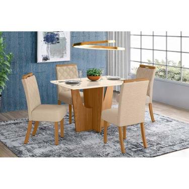 Imagem de Sala de Jantar Completa C/ Tampo Canto Reto 4 Cadeiras Bella Nature Veludo Light Linho