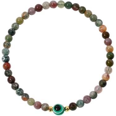 Imagem de XHUUU Pulseiras femininas espirituais com contas de ágata indiana de 4 mm na moda, elásticas, com olho turco, proteção, equilíbrio energético, joias de boa sorte