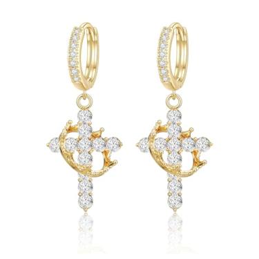 Imagem de ZHDHDQ Conjunto de brincos e colar de cruz de coroa para mulheres, colares e brincos de diamante delicado banhado a ouro 14 k com pingente de zircônia cúbica, moderno, impermeável, não mancha, joia de