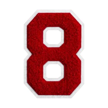 Imagem de Patch de número de chenille vermelho de 15 cm – aplique bordado grande universitário para jaquetas, camisas, moletons com capuz, bolsas e jeans – decoração de roupas DIY, uniforme de equipe e presente