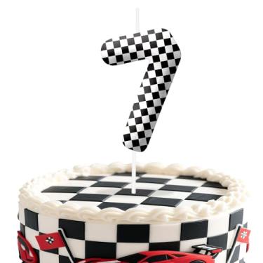 Imagem de Velas de aniversário número 7 de carros de corrida, preto e branco, com tema de bandeira quadriculada para meninos e meninas, decorações de bolo para aniversários, suprimentos de festa com tema de