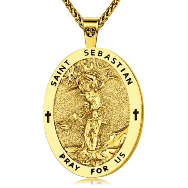 Imagem de Colar de medalhão oval de São Miguel, cobre banhado a ouro, pingente de 5 x 3 cm com corrente de 40 cm + 5 cm, medalha de oração de proteção religiosa, colares com pingente de cruz religiosa com