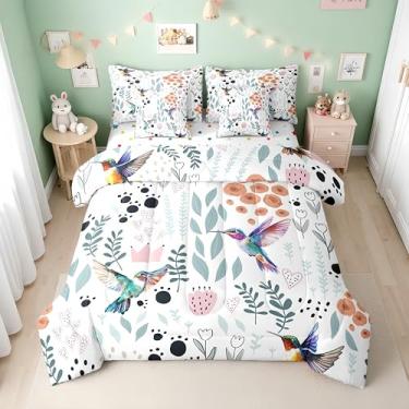 Imagem de Erosebridal Jogo de cama solteiro infantil de beija-flor, rosa fofo, floral, pássaro, lençol com elástico, lençol de cima e lençol de cima com estampa de animal de fazenda