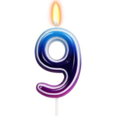 Imagem de Velas de aniversário com tema K-pop – Vela número 9, decoração de bolo neon gradiente azul roxo, decoração de festa de aniversário com tema de música de desenho animado