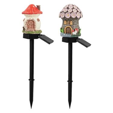 Imagem de Luzes de cogumelo solar ao ar livre, iluminação amarela quente LED para jardins, luzes de estaca de resina de casa de desenho animado para decoração de quintal