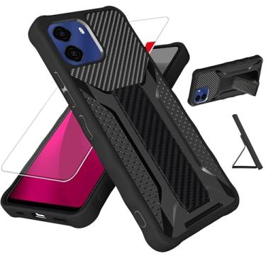 Imagem de bojioderf Capa compatível com BLU G35 [com protetor de tela de vidro temperado][silicone de 2 mm + painel traseiro rígido de policarbonato][suporte de mão] preta