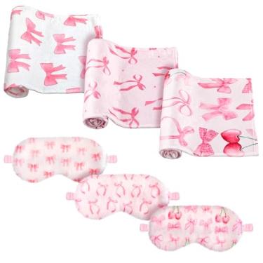 Imagem de Fanfanwin 6 peças de artigos de festa do pijama para meninas, 3 cobertores de laço rosa e 3 máscaras de pelúcia para os olhos para dormir, dormir, festa de spa, aniversário, Natal, Dia dos Namorados
