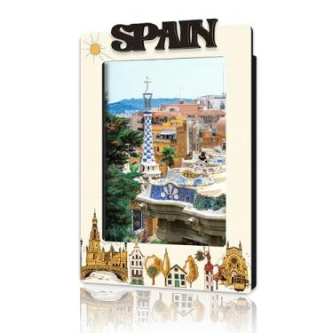 Imagem de DRWJPAT Porta-retrato magnético Espanha, mini molduras magnéticas para geladeira e armário, presentes de lua de mel para amigos e casais, imãs de madeira para viagem -B13