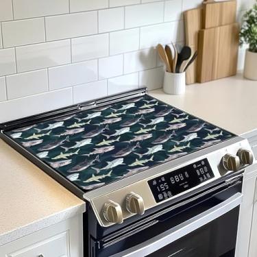 Imagem de Tampa superior para fogão elétrico, aquarela tubarão ondas do oceano, vidro, cerâmica, protetor de fogão, resistente ao calor, tapetes de secagem de pratos para cozinha