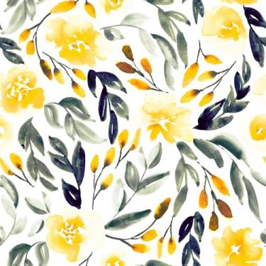 Imagem de COKCOKR Papel de parede floral amarelo aquarela papel de parede descascar e colar 17,71 x 300.0 cm papel de parede minimalista folha verde para quarto, estudo, banheiro, sala de estar, cozinha