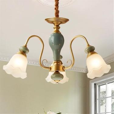 Imagem de Lustre de luxo europeu para sala de estar, estilo retrô americano, em cerâmica, para restaurante, quarto, escritório, hotel, casa de campo ou café, com 3 lâmpadas LED.