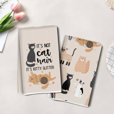 Imagem de 2 peças de toalhas de cozinha artísticas de gato fofo, toalha de mão de chá super absorvente, panos de prato de microfibra para secar pratos, toalhas de prato waffle para cozinha, banheiro, presentes