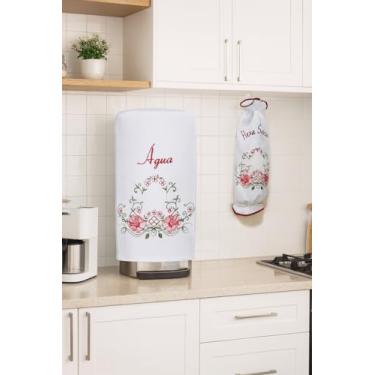 Imagem de Artesãos Do Ceará Capa para Garrafão de Água 20L, Bordado Branco, Tecido 100% Algodão, Design Floral Artesanal, 39x23cm, Proteção Decorativa para Cozinha e Escritório e Puxa Saco Cozinha