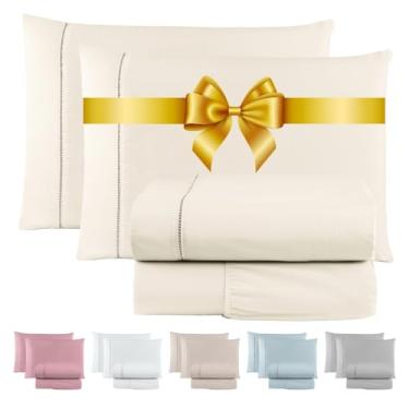 Imagem de Jogo de Lençol 600 Fios Cama Solteiro Casal Queen e King Premium Extra Macio - Roupa De Cama Antiácaro (Palha, King 4 Peças)