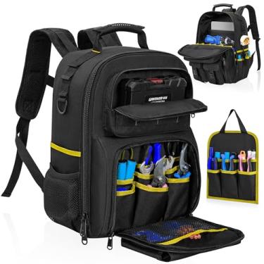 Imagem de LASUK Mochila de ferramentas para homens, bolsa de ferramentas resistente com organizador de ferramentas removível, mochila de trabalho durável e resistente à água (preta e amarela)