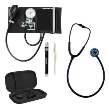 Imagem de Esfigmomonômetro PAMED Preto + Estetoscópio BIC Inox + Lanterna Em Luz Branca De Led + Estojo Case Luxo + Caneta De Osso (Preto Arco-íris)
